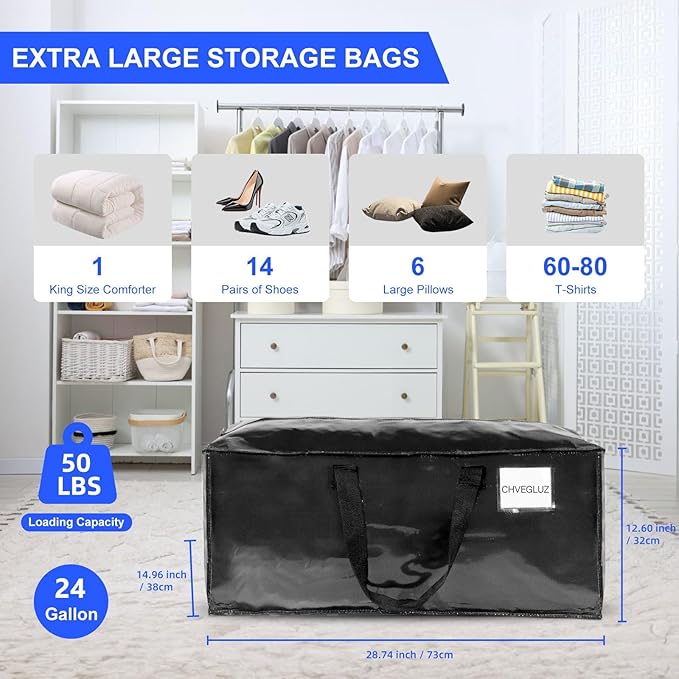 CHVEGLUZ 6 Packs Moving Bags Heavy Duty Extra Large,Storage Bags with Zipper&Handles, Sturdy&Durable Clothes Storage Bags Totes for College Dorm Essentials, Moving Boxes for College Supplies, Black