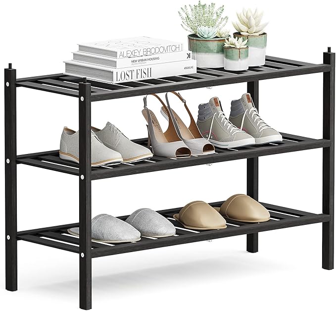 Dranixly Shoe Rack, 3-Tier Bamboo Stackable Shelf Storage Organizer, Stand for Closet, Entryway, Hallway, Bathroom and Living Room（Black）