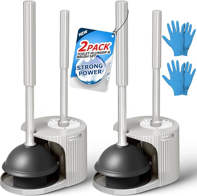 FORASTO 2Pack 3in1 Toilet Brush and Plunger Set - Bathroom Bowl Holder Kit | 21", Cleaning Gloves, Heavy Duty Rubber Toilet Bowl Cleaner, Apartment Must Haves Bathroom Decor Accessories, Cream Grey
