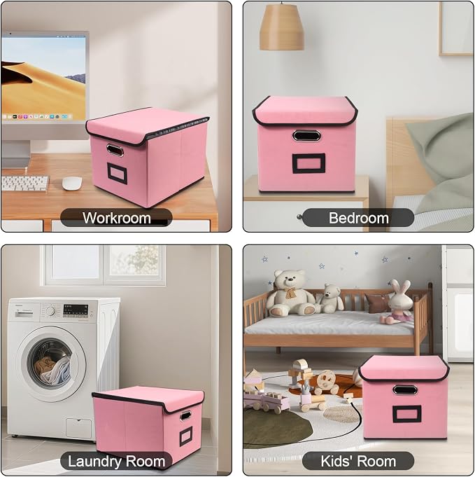 File Storage Box with Lid, 15.55x12.87x10.43 Inches, Foldable Organizer with Handles & Label Slot, for File Storage, Home, Office, and Closet Organization(2 Packs, Pink)