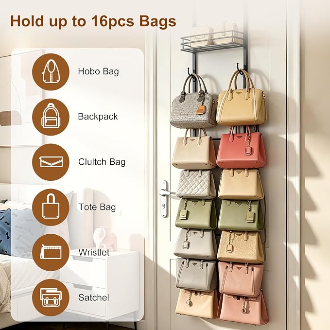 Over The Door Purse Organizer - Wall Mounted Handbag Organizer with 16 Hooks and Metal Basket,Purse Rack for Closet,Bag Rack, Handbag Rack and Hanging Purse Storage for Door,Closet