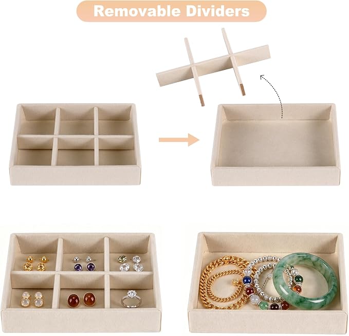 Small 8-Piece Velvet Jewelry Drawer Organizer Inserts Stackable Trays | 4.8in velvet trays with removable dividers, fits jewelry boxes & narrow drawers, stackable for earrings rings makeup storage