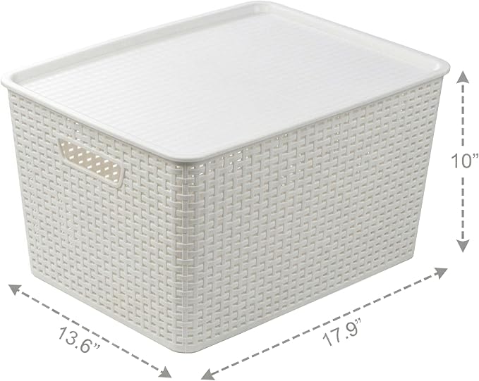 BINO | Plastic Storage Baskets with Lids, 33 Liter - 3 Pack, White | THE WOVEN COLLECTION | Storage Basket for Shelves | Woven Storage Baskets for Organizing Bins Pantry Shelf Organizer Container Bin