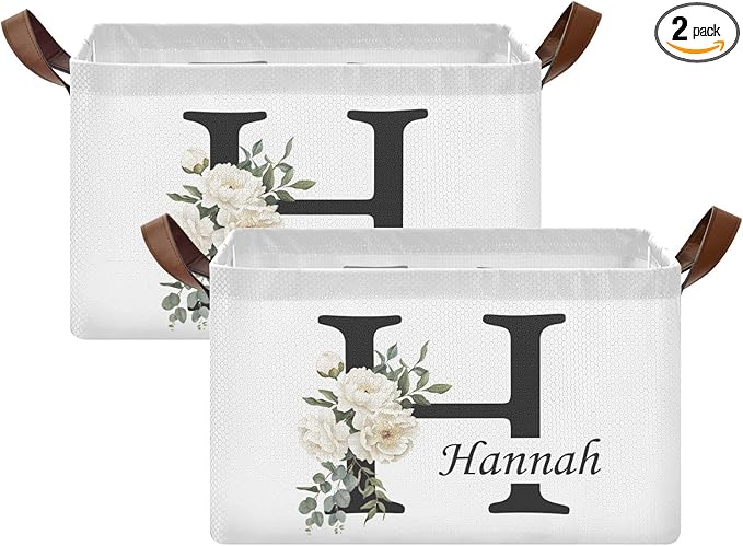 Personalized Storage Basket with Handles&Clear Labels Folding Laundry Basket Floral Custom Name Basket Collapsible Cubes Organizer Bins for Home Wedding Gifts Kids Room Shelf Closet, 2 Pack