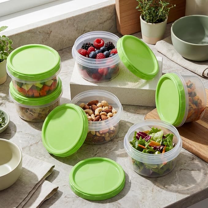 Sieral 6 Pack 8 oz Freezer Containers with Lids Reusable Deli Freezer Storage Containers Stackable Plastic Thick Twist Top Jars for Takeout Food Round Wide Mouth Lunch Snack (Green)