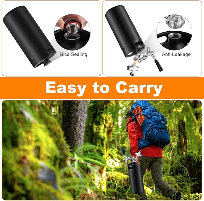 Hgkeke128OZ Mini Keg Growler,Stainless Steel Beer Keg Tap System Portable Draft Beer Dispenser to Keep Fresh and 55PSI CO2 Pressure Growler Carbonation, Beer Tap System for Homebrew,Camping,BBQ(Black)