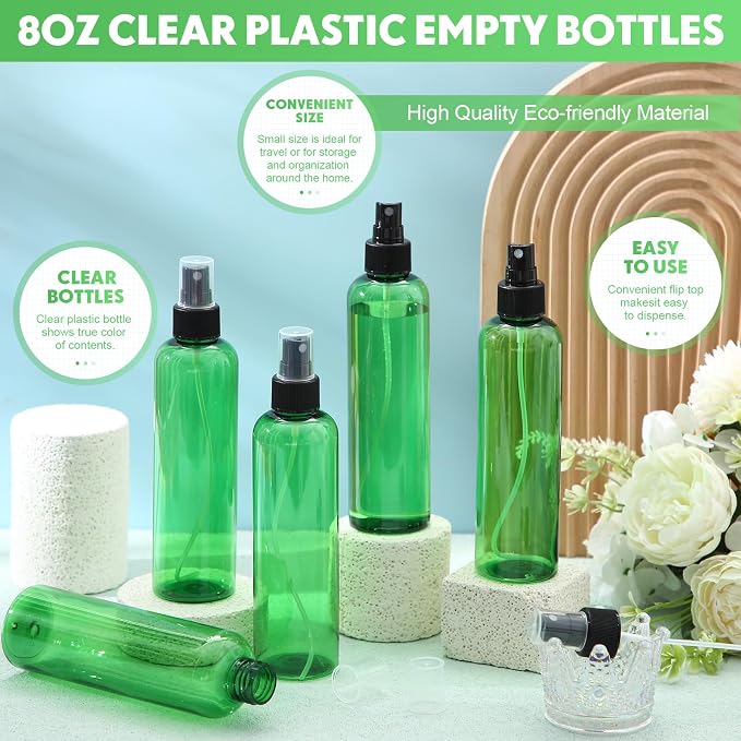 Eccliy 32 Pcs 8 oz Spray Bottles Fine Mist Plastic Spray Bottles Clear Empty Sprayer Hairs Refillable Travel Sprayer with Pump Cap for Cleaning Oils Travel Perfumes(Green,Clear)
