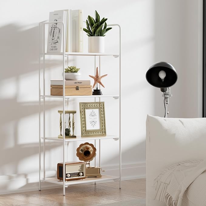 Crofy 4-Tier Foldable Bookshelf, White Frame & White Oak Shelves | No-Assembly Collapsible Portable Storage Organizer; Sturdy White Oak Finish Shelves; Ideal for Living Room & Home Office