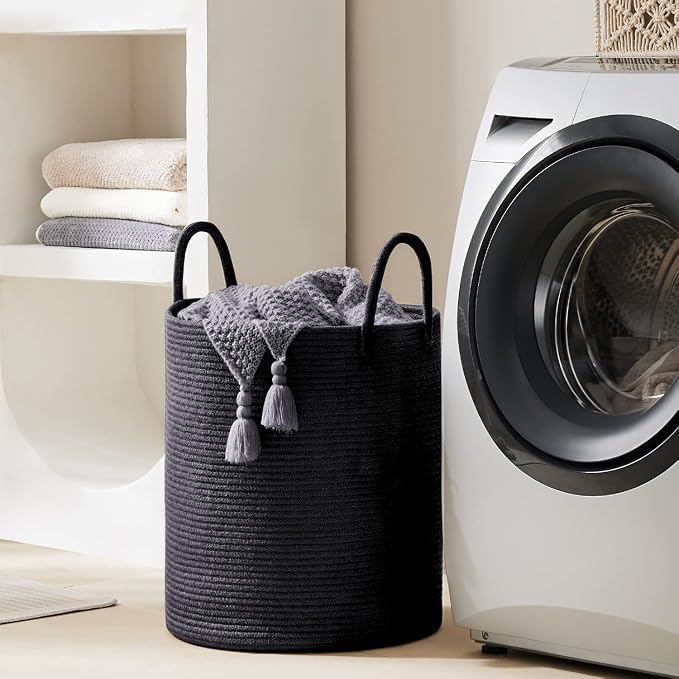 YOUDENOVA Woven Rope Laundry Hamper Basket, 58L Tall Laundry Basket, Baby Nursery Hamper for Blanket Storage in Bedroom-Large- Black