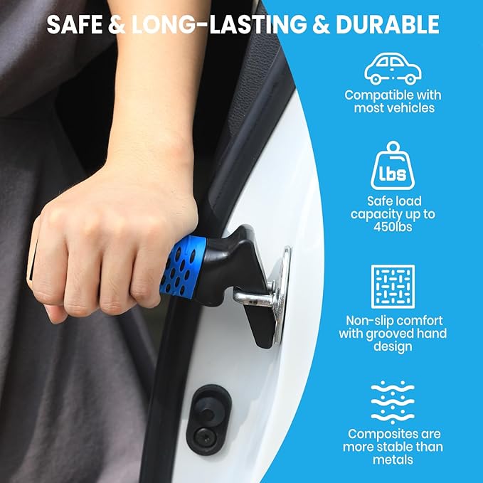 CAidRE Elderly Car Door Handle Assist Support - Auto Grab Cane for Seniors & Handicapped, Portable Mobility Aids for Getting Out of Car- Blue, 2 Pack