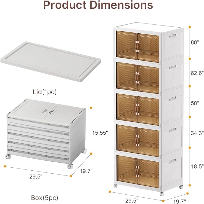 Stackable Storage Bins with Lids, Collapsible Storage Boxes, Foldable Plastic Storage Drawers for Bedroom,Office, Dorm (5, White, XL)