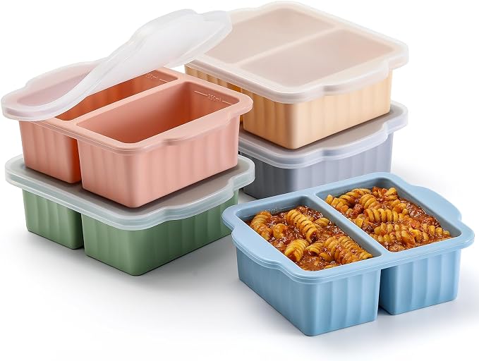 Silicone Freezer Trays with Lids, 2-Cavity Soup Molds with Reinforced Steel Rim, Versatile 1-Cup Per Compartment (5-Pack) for Broth, Sauce, Leftovers & Large Ice Cubes, Oven & Dishwasher Safe