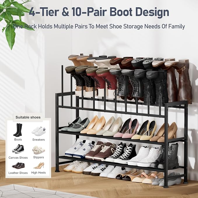 DIMJ Boot Rack 4-Tier - Black Metal Boot Storage Rack for Tall Boots Organizer, Multiuse Shoe Rack for Boots, Sneakers, High-Heel, Entryway, Fits 10 Pairs