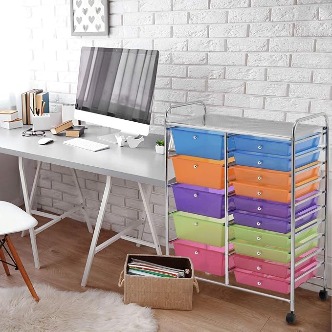 Moccha 15-Drawer Rolling Storage Cart - Under Desk Storage Drawers with wheels for Craft Art Supply Paper Salon, Scrapbook Paper Tools, Mobile Utility Cart for Classroom (15 Drawers, Rainbow)