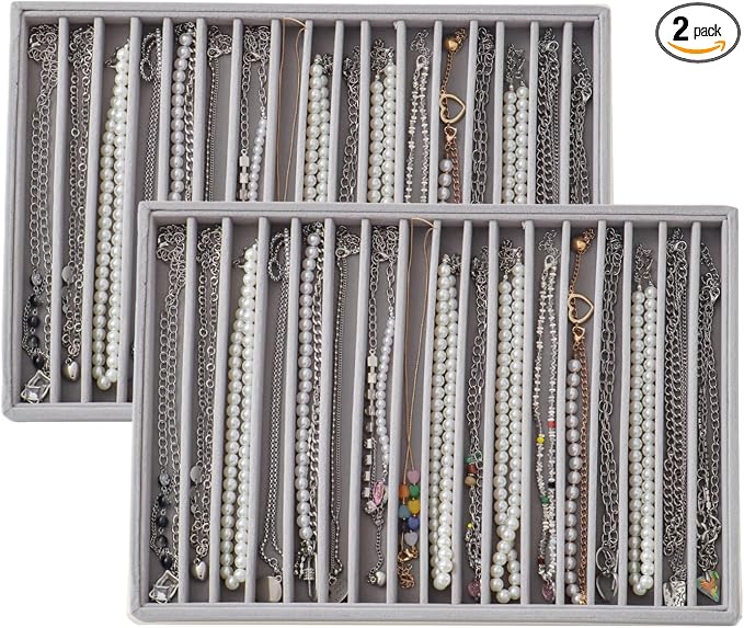 Large Velvet Jewelry Tray 2 Pack Stackable Jewelry Display Drawer Inserts Trays Organizer for Earring Bracelet Necklace Ring (Gray, 16 Grids)