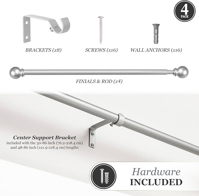 Kenney Chelsea Ball End Window Curtain Rod, Adjustable 28-48 Inch, Brushed Nickel Silver, 4 Pack