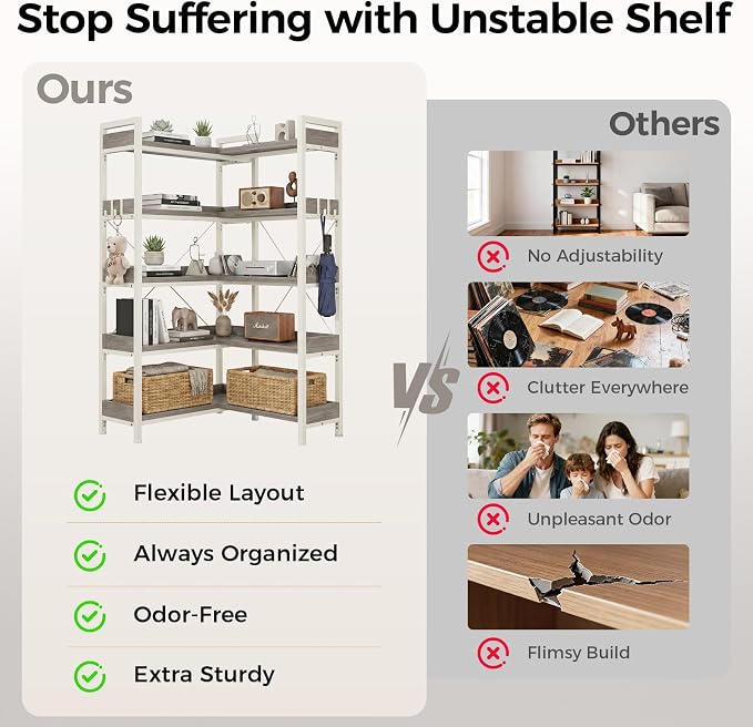 GTPLAYER 5-Tier Corner Bookshelf, L-Shaped Metal Frame Shelf with Tall 14" Shelves, Plant Stand and Storage Rack for Small Spaces, Living Room and Home Office, Grey