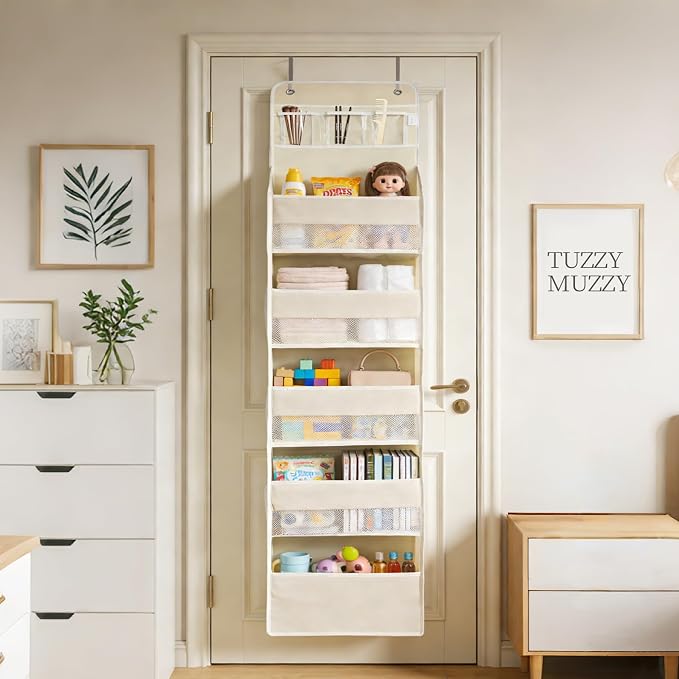 Over the Door Organizer, Door Storage Organizer with Large Capacity Pockets, Hanging Shelves for Bedroom, Closet, Dorm, Pantry (Beige, 6-Tier)