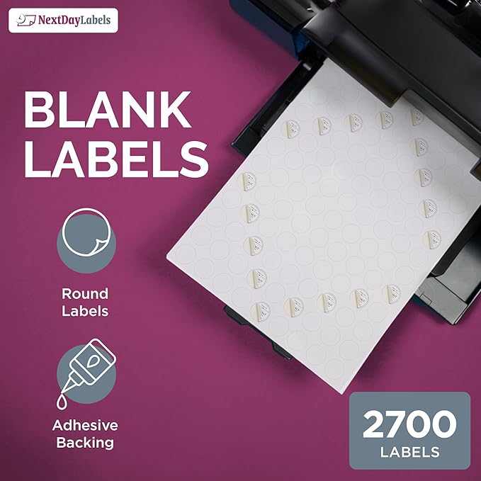 NextDayLabels 0.75 Inch Round Circle Stickers White for Bleeds Laser Inkjet - 108 Per Sheet Self-Adhesive Color Coding Inventory Labels Made in USA - 2700 Labels