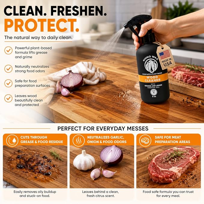 Rhino Wax Cutting Board Wood Spray Cleaner - Butcher Block and Large Wood Surface Spray-Cleaner - Food-Safe and Plant-Based Ingredients - Fresh Citrus Scent Eliminates Food Odors - Made in the USA