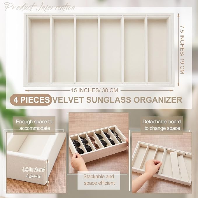 Juexica 4 Pcs Velvet Sunglasses Organizer Tray 6 Grid Sunglass Organizer Velvet Tray Stackable Glasses Display Case for Women Glasses Jewelry Display Watch (Beige)