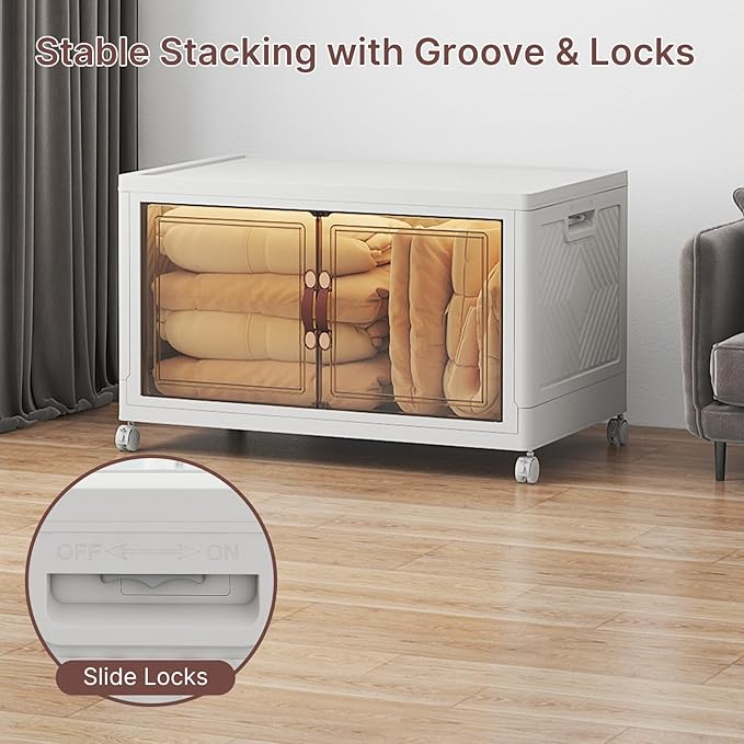 Stackable Storage Bins with Lids, Collapsible Storage Boxes, Foldable Plastic Storage Drawers for Bedroom,Office, Dorm (1, White, XL)