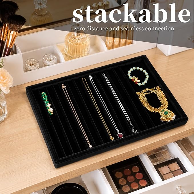 2 Sets Large Jewelry Trays with Drawer Insert Velvet Jewelry Organizer Tray for Women, Jewelry Display Trays with 16 Grids