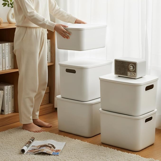 ANMINY 12PCS Plastic Storage Bins Containers with Lids, Large Storage Organization Bins Boxes, Lidded Plastic Storage Baskets for Closet Shelves Desktop, White Lids, 2XL + 4L + 2M + 4S