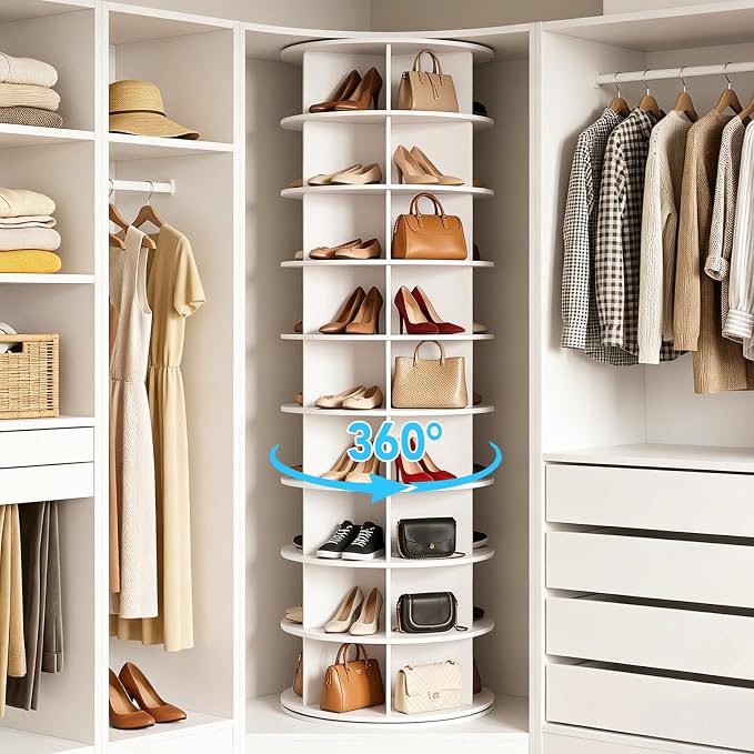 RUNSUNSPRI 9 Tier Rotating Shoe Rack Corner Organizer 360°Rotating Shoe Rack Tower Spinning Shoe Rack Tower for Bedroom Entryway Closet Holds 28-32 Pairs of Shoes Handbags Hats Display Decor