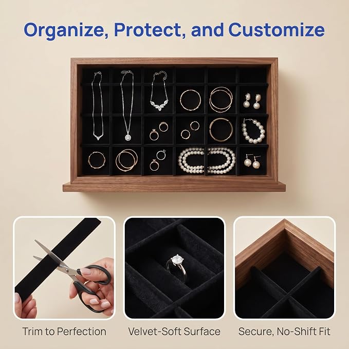 Veemoon 1 Set Jewelry Tray Dividers, 13.17 Inch Black Lint Inserts, Drawer Storage Organizer Ring Earring Necklace Display
