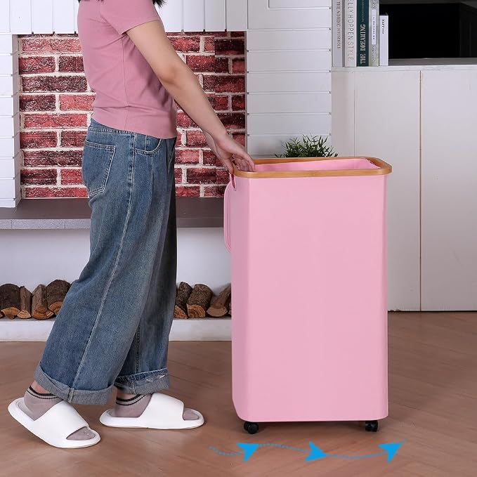 IEGrow Laundry Basket with Wheels 110L Laundry Basket with Mesh Bag,Pink | Laundry Hamper with Lid and Bamboo Frame, for Laundry Room, Bedroom, Dormitory Storage
