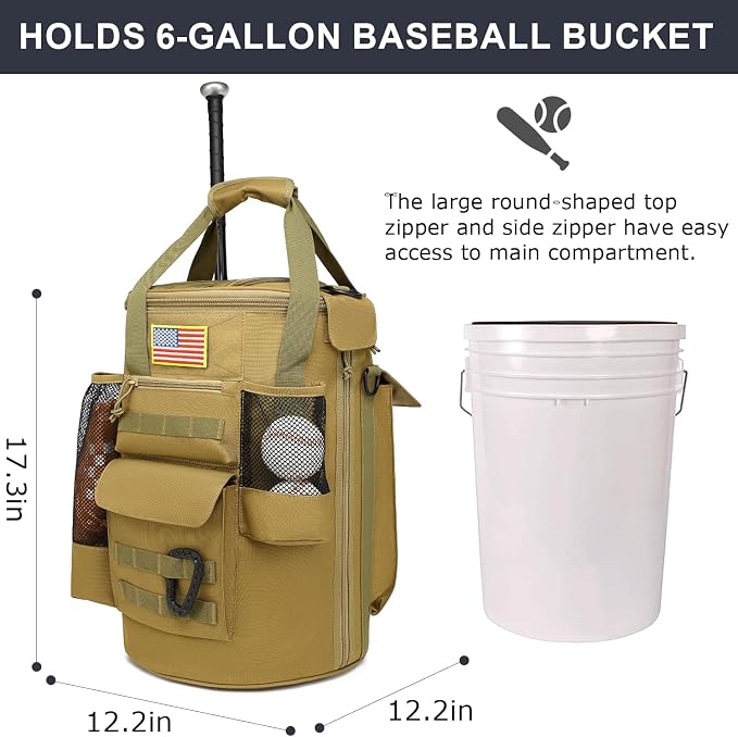 Baseball Bucket Bag 6 Gallon Tactical Softball Coaches Bag with Padded Seat | Baseball Bucket Cover Organizer for Training Equipment, Balls, Bat, Gloves, Scoreboards, with Shoulder Strap