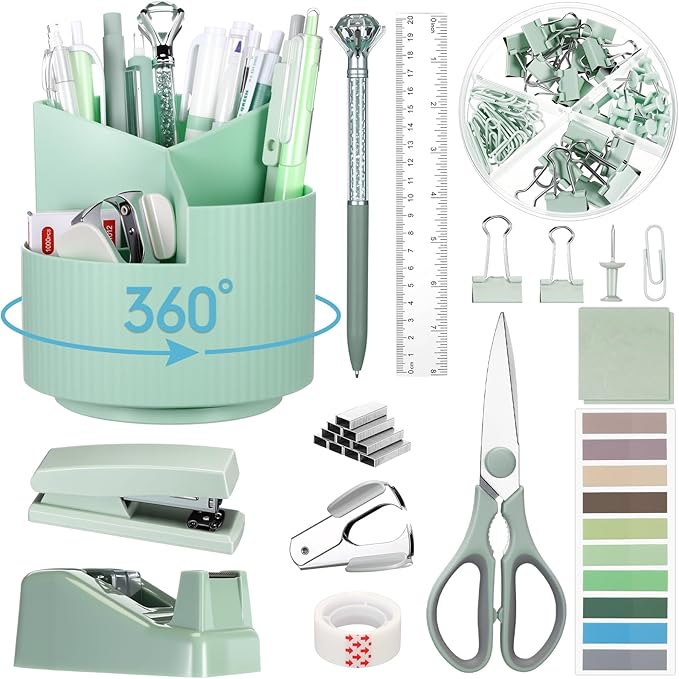 Marspark Sage Green Office Desk Accessories 12 Pcs Office Supplies Set 360° Rotating Pen Holder, Stapler, Tape Dispenser, Scissor, Sticky Notes, Binder Clips, Desk Organizers Gift for Home School