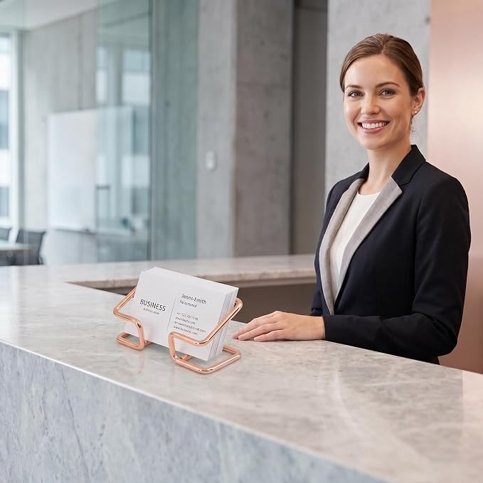 Desktop Business Card Holder, Sturdy Metal Name Card Display Stand for Office Reception, Work Desk, Exhibition Rose Gold