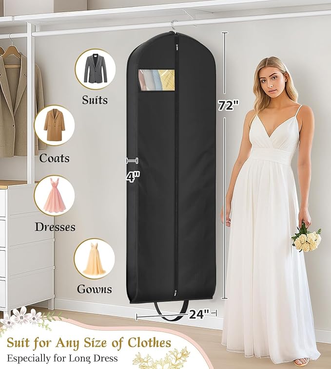 KEETDY Wedding Dress Garment Bag for Travel with 4" Gusseted Long Hanging Dress Bags for Gowns for Women Garment Cover Clothes Storage for Closet (Black, 72 inch)