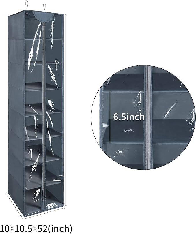 Libeder Hanging Closet Organizer, 8-Shelf Wardrobe Clothes Storage Organizer with Zipper,Hanging Shelves for Sweater,Shoes,Purse,Hats,Gray