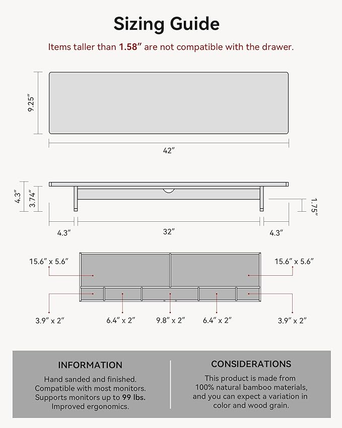 42” Dual Monitor Stand Riser with Large Drawer Keyboard Storage | Double Computer Monitor Riser Shelf for 55-72 Inch Desk Aesthetic Workplace Setup Desktop Organizer Toasted Bamboo