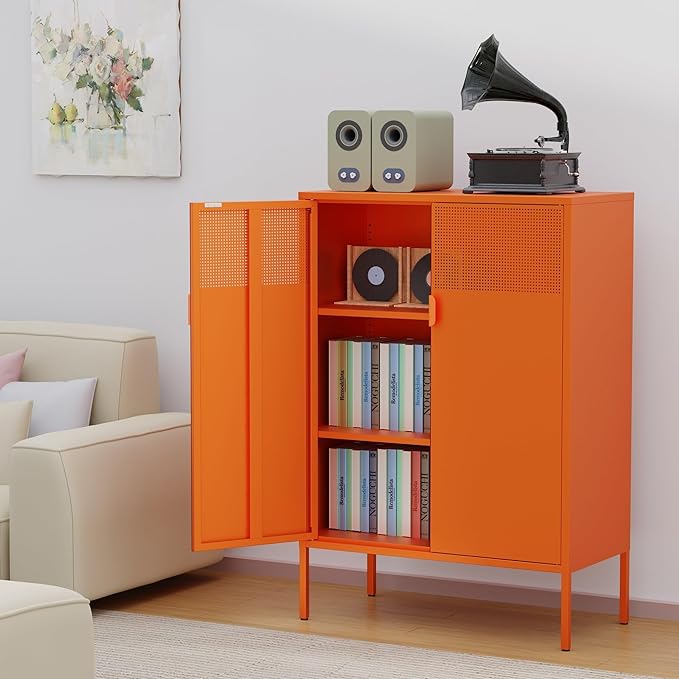 Ustamio Orange 3 Tier Metal Storage Cabinet with Legs, 2 Door Metal Locker Style Accent Storage Cabinet with 2 Adjustable Shelves for Home, Office, Entryway and Hallway
