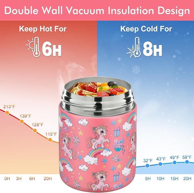 wiwens 12oz Soup Thermo for Hot Food Kids Insulated Food Jar Wide Mouth Lunch Container Leak Proof Stainless Steel Vacuum Bento Box for School Office Travel Outdoors Pink-unicorn