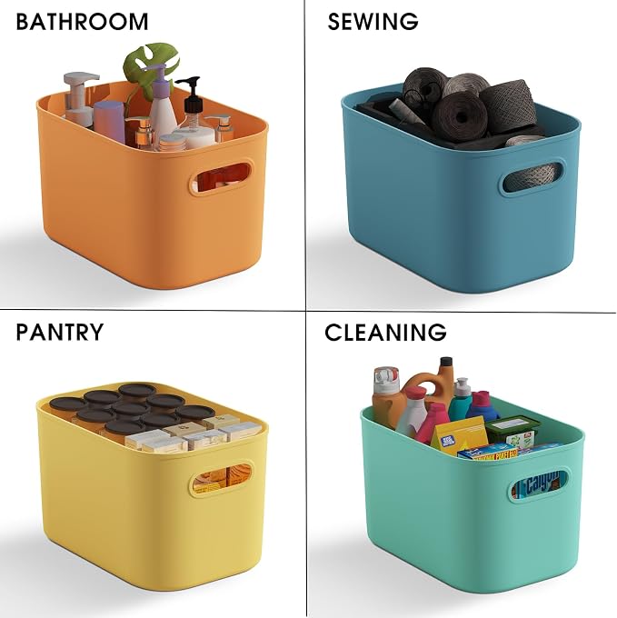 ORGIDOL 12 Pack Colorful Plastic Storage Bins, Storage Container for Organizing, Colored Storage Boxes with Handle for Shelves, Cute Organizer Bins for Craft, Snacks, Cabinet, 9.69x6.7x5.7 inch
