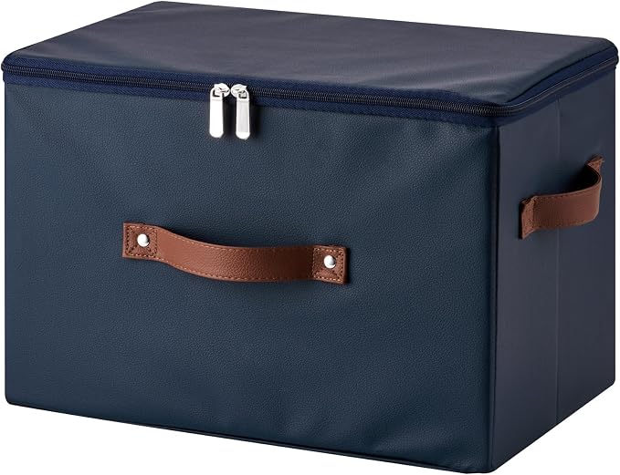 Storage Bin Box with Zippered Lid Decorative PU Leather Basket | Foldable Washable Stackable Clothing Container, Shelf Closet Organizer, with Handles & PP Plastic Boards, Deep Blue-Large