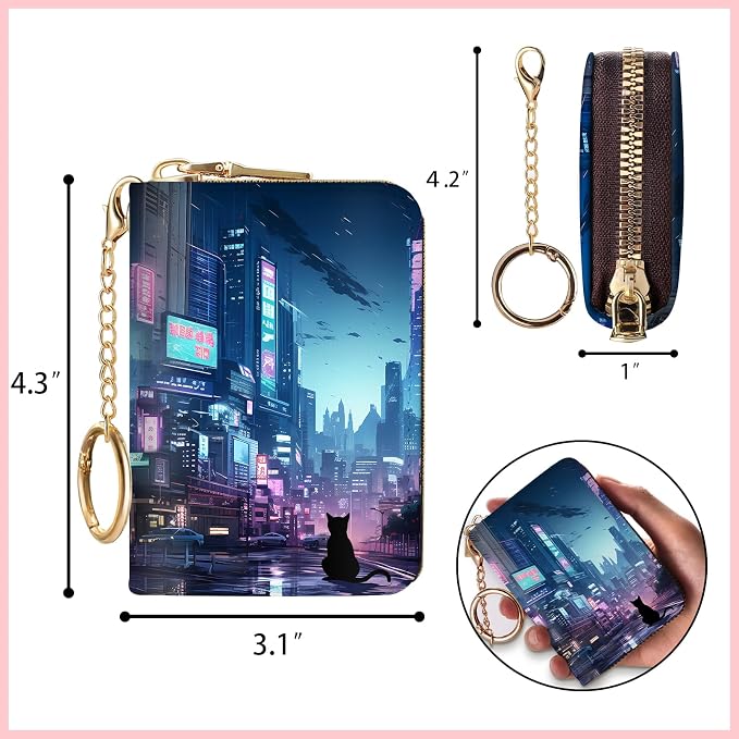 Blusabaca RFID Credit Card Holder Small Women Travel Wallet, Cyberpunk Art | Removable Keychain, Case with Zipper, Vegan PU Leather, Cash Coin Pocket, Business Accordion Purse, Ladies Female Gift