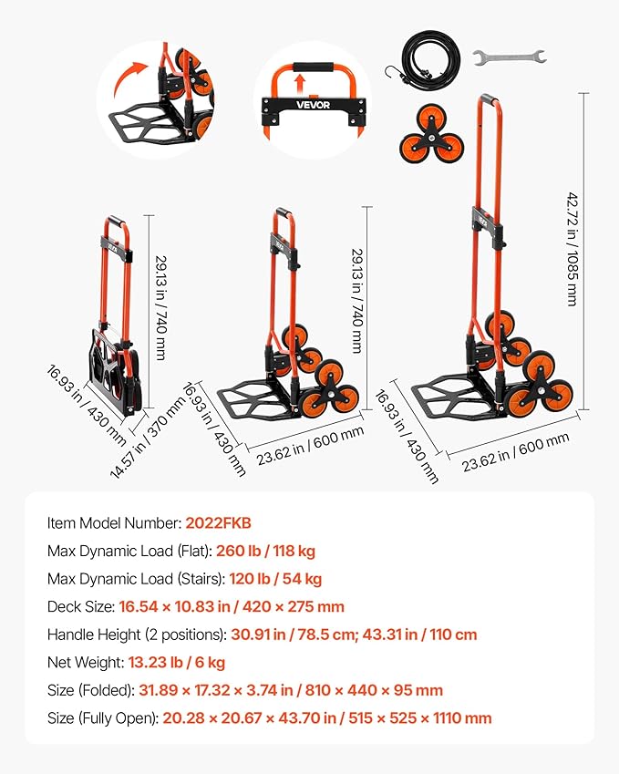 VEVOR Stair Climbing Cart 260 LBS, Portable Folding Aluminum Trolley Dolly for Stairs with Telescoping Handle, 6 Mute Wheels & 2 Ropes, Stair Climber Dolly for Home, Groceries, Warehouse