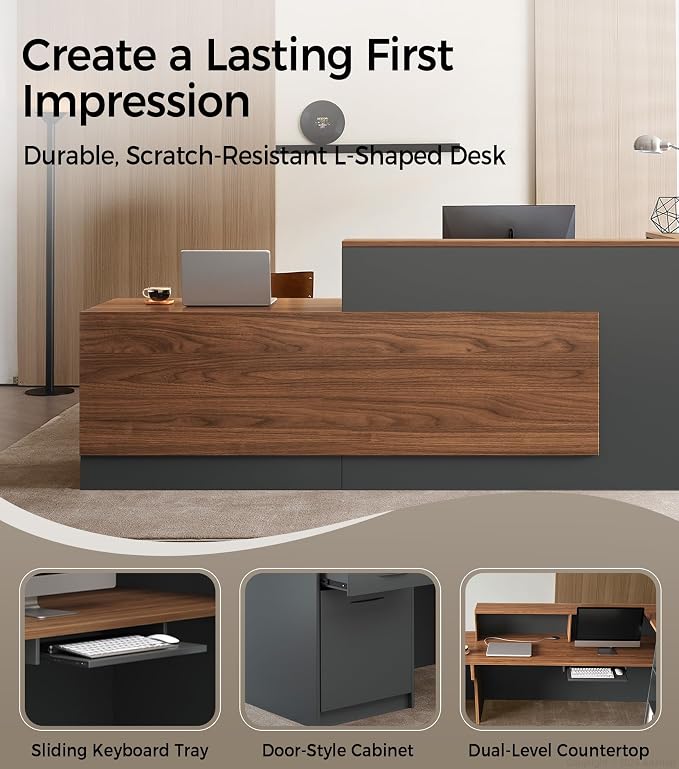 Modern L-Shaped Reception Desk with Counter - 87 inch Front Desk with Storage Cabinet, Open Shelves, Lockable Drawer & Keyboard Tray for Office, Lobby, Checkout (Red Walnut & Iron Gray - Left)