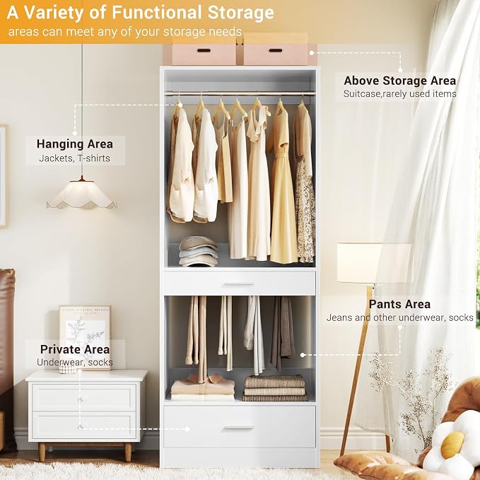 Homieasy Closet System Organizer with Hanging area, Pants Rack & Drawer – Expandable & Sturdy Modular Closet Storage Unit, Customizable Wardrobe Organizer for Bedroom or Walk-In Closet, White