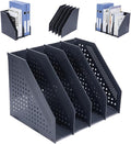 FRETONBA Collapsible Magazine File Holder, 4 Vertical Compartments | Foldable Space-Saving, Sturdy Plastic Binder Holder, Compact for Desk or Shelf, for Office & Home, Easy Access, Dark Gray