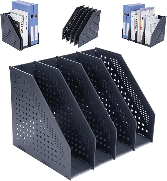 FRETONBA Collapsible Magazine File Holder, 4 Vertical Compartments | Foldable Space-Saving, Sturdy Plastic Binder Holder, Compact for Desk or Shelf, for Office & Home, Easy Access, Dark Gray
