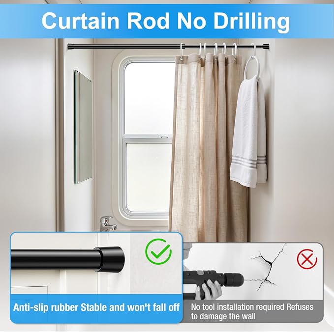 2 Pack Spring Loaded Tension Rod 16-26" Adjustable Curtain Rods No Drill Extendable Spring Rod Tension Curtain Rods For Window Kitchen Shelves Rv Refrigerator And Small Spaces,Black