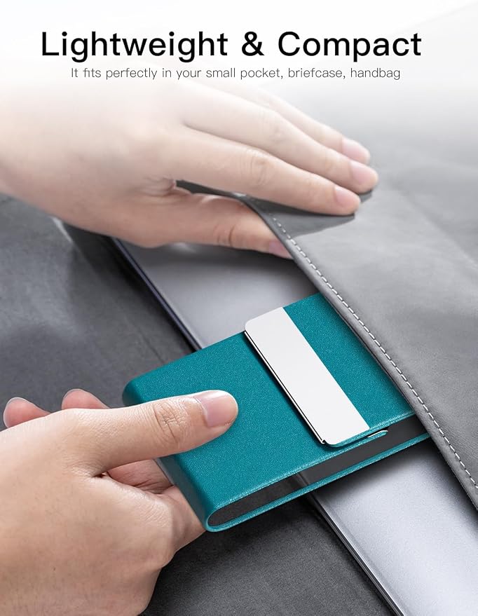 Padike Professional Business Card Holder PU Leather Business Card Case Name Card Holder Slim Metal Pocket Card Holder with Magnetic Shut (Y-Blue green)