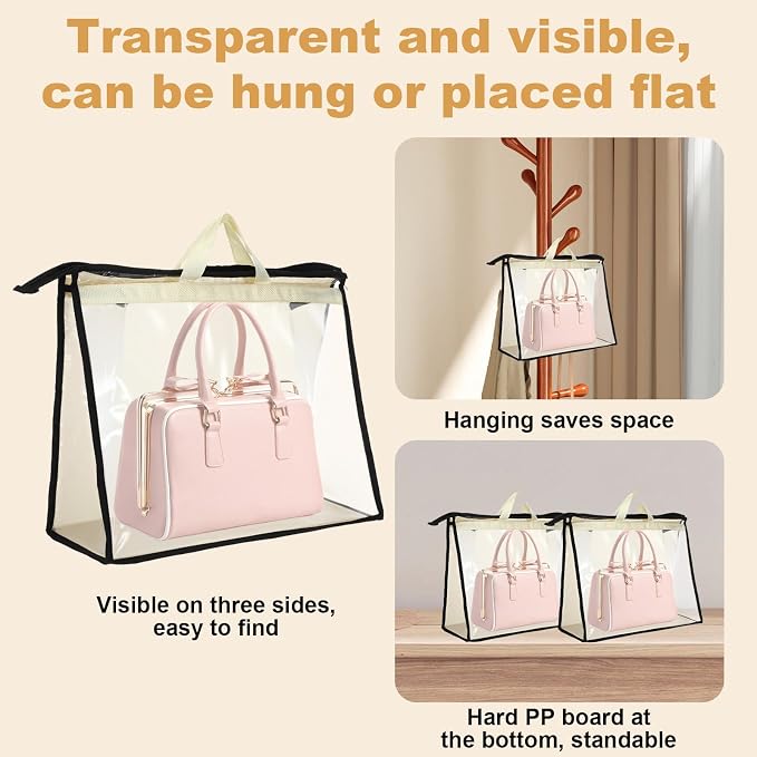 5 PCS Hanging Handbag Storage Organizer Non-Woven Transparent Dust-proof Homewares Purse Wallet Closet Storage Bag with Zipper and Handle (XL) ﻿